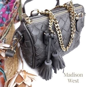 Madison West Grey Leather Weave Gold Chain Handbag / Shoulder / Crossbo…